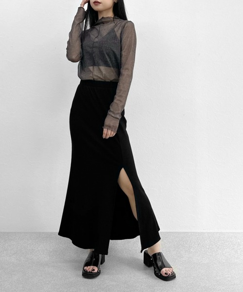 LVEU.(ラブユ.)の「【LVEU.】センターシームシースルートップス / トップス カットソー シアー シースルー メッシュ ハイネック モックネック ボートネック 長袖 レイヤード インナー ブラック カーキ ブルー(Tシャツ/カットソー・レディース・ブラック/ブルー/ライトカーキ・FREE)」の15枚目の写真