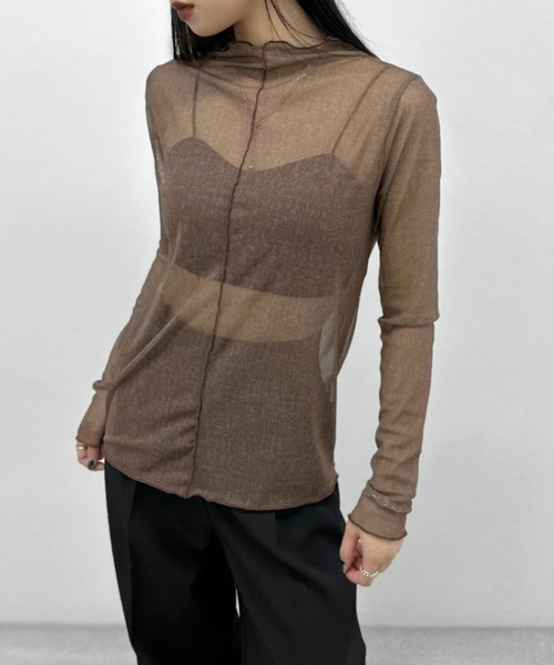 LVEU.(ラブユ.)の「【LVEU.】センターシームシースルートップス / トップス カットソー シアー シースルー メッシュ ハイネック モックネック ボートネック 長袖 レイヤード インナー ブラック カーキ ブルー(Tシャツ/カットソー・レディース・ブラック/ブルー/ライトカーキ・FREE)」の22枚目の写真