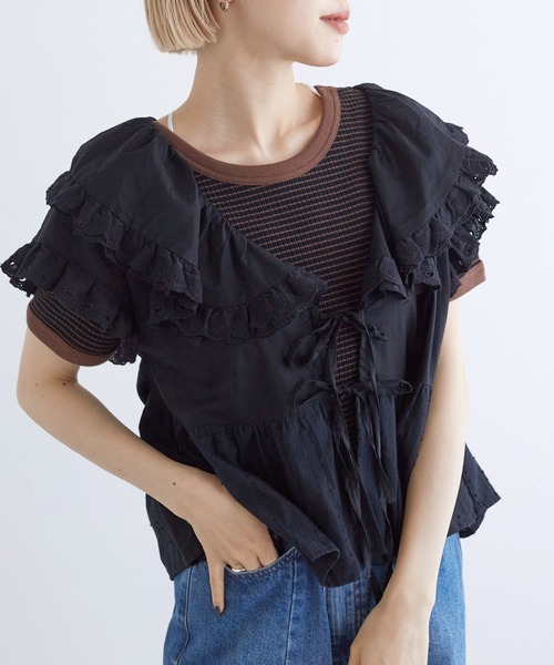 w closet（ダブルクローゼット）の「ハートレースフリルブラウス（シャツ/ブラウス・レディース・ブラック/オフホワイト・FREE）」の15枚目の写真