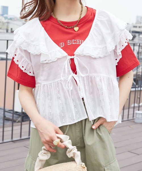 w closet（ダブルクローゼット）の「ハートレースフリルブラウス（シャツ/ブラウス・レディース・ブラック/オフホワイト・FREE）」の8枚目の写真