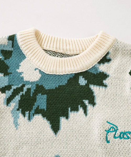 HOOK（フック）の「HOOK -original-　絵画調ひまわりジャカード編みニット風スウェット　サガラ刺繍入り（ニット/セーター・メンズ・ライトベージュ/ブルー・M/L/XL）」の17枚目の写真