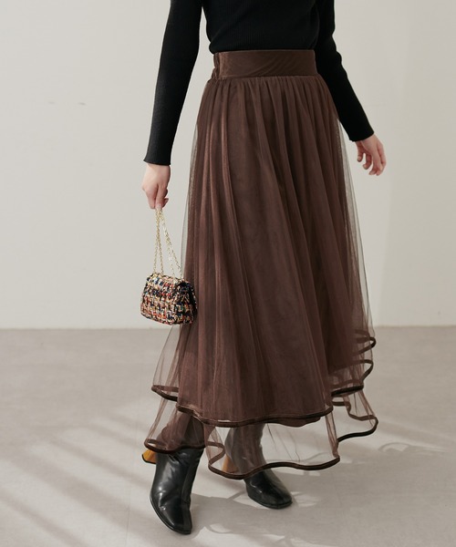 natural couture（ナチュラルクチュール）の「裾ベロアチュールティアードスカート（スカート・レディース・グレー/ブラウン/モカ/ラベンダー/ブラック/アイボリー・FREE）」の4枚目の写真