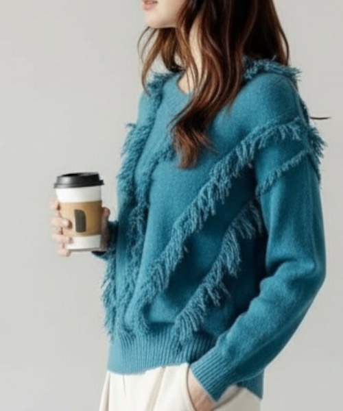 United store（ユナイテッドストア）の「Ｖネックフリンジニットトップ（ニット/セーター・レディース・カーキ/ホワイト/ブルー・FREE）」の20枚目の写真