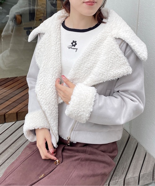 TORTE(トルテ)の「ボアカラーライダースジャケット(ライダースジャケット・レディース・グレー/ホワイト/ピンク・FREE)」の1枚目の写真