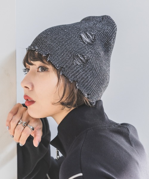 PAGEBOY（ページボーイ）の「ダメージビーニー（ニットキャップ/ビーニー・レディース・ブラック/ブルー/レッド・FREE）」の4枚目の写真