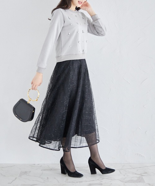 tocco closet(トッコ クローゼット)の「ラインスパンコールチュールフレアスカート(スカート・レディース・ブラック/ベージュ・M)」の4枚目の写真