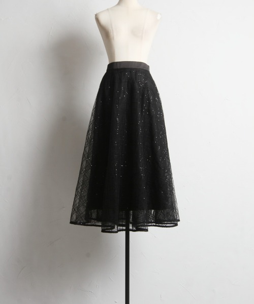 tocco closet(トッコ クローゼット)の「ラインスパンコールチュールフレアスカート(スカート・レディース・ブラック/ベージュ・M)」の12枚目の写真