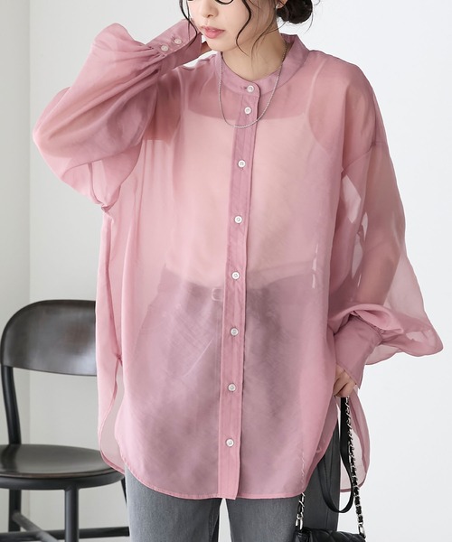 BONLECILL(ボンルシール)の「ボリュームスリーブバンドカラーシアーシャツ(シャツ/ブラウス・レディース・アイボリー/オレンジ/グリーン/ピンク/ベージュ/ブルー/ブラック・FREE)」の6枚目の写真
