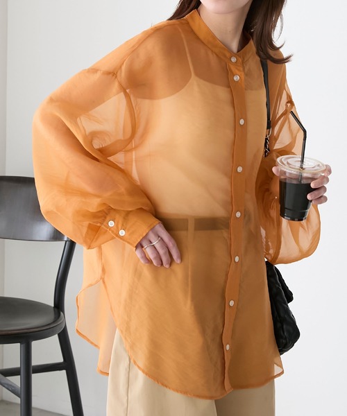 BONLECILL(ボンルシール)の「ボリュームスリーブバンドカラーシアーシャツ(シャツ/ブラウス・レディース・アイボリー/オレンジ/グリーン/ピンク/ベージュ/ブルー/ブラック・FREE)」の7枚目の写真