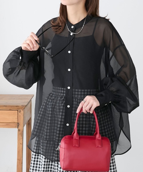 BONLECILL(ボンルシール)の「ボリュームスリーブバンドカラーシアーシャツ(シャツ/ブラウス・レディース・アイボリー/オレンジ/グリーン/ピンク/ベージュ/ブルー/ブラック・FREE)」の17枚目の写真