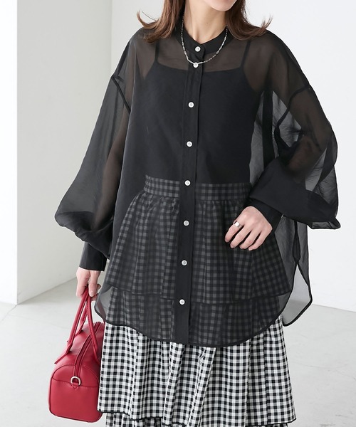 BONLECILL(ボンルシール)の「ボリュームスリーブバンドカラーシアーシャツ(シャツ/ブラウス・レディース・アイボリー/オレンジ/グリーン/ピンク/ベージュ/ブルー/ブラック・FREE)」の18枚目の写真