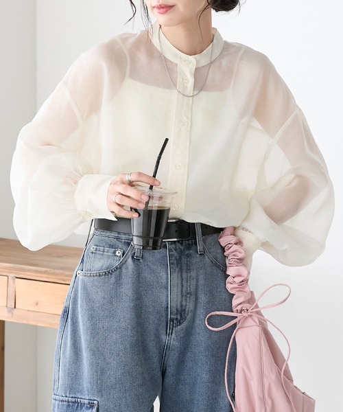 fitmore クリンクルシアーオーガンジーボリュームスリーブトップス ピンク HAPPYSET対象商品】【B会場】クリンクルシアーオーガンジーボリューム