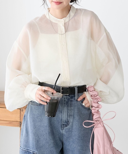 BONLECILL(ボンルシール)の「ボリュームスリーブバンドカラーシアーシャツ(シャツ/ブラウス・レディース・アイボリー/オレンジ/グリーン/ピンク/ベージュ/ブルー/ブラック・FREE)」の15枚目の写真