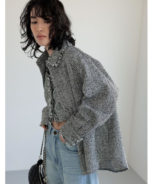 セール】ツイードフリンジステンカラージャケット（ステンカラーコート