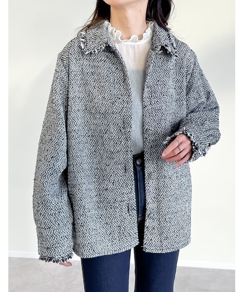 セール】ツイードフリンジステンカラージャケット（ステンカラーコート