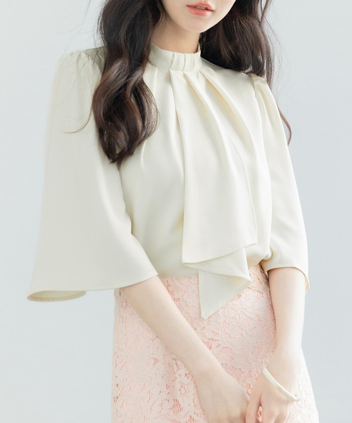 SAISON DE PAPILLON（セゾンドパピヨン）の「【大人気】5分丈スリーブスタンドカラーブラウス　卒業式 入学式（シャツ/ブラウス・レディース・ピンクベージュ/ライトグリーン/アイボリー/ブラック・S/M/L）」の6枚目の写真