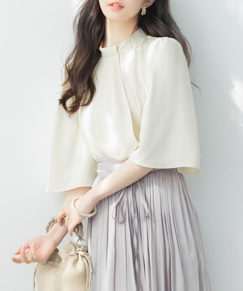 SAISON DE PAPILLON（セゾンドパピヨン）の「【大人気】5分丈スリーブスタンドカラーブラウス　卒業式 入学式（シャツ/ブラウス・レディース・ピンクベージュ/ライトグリーン/アイボリー/ブラック・S/M/L）」の9枚目の写真