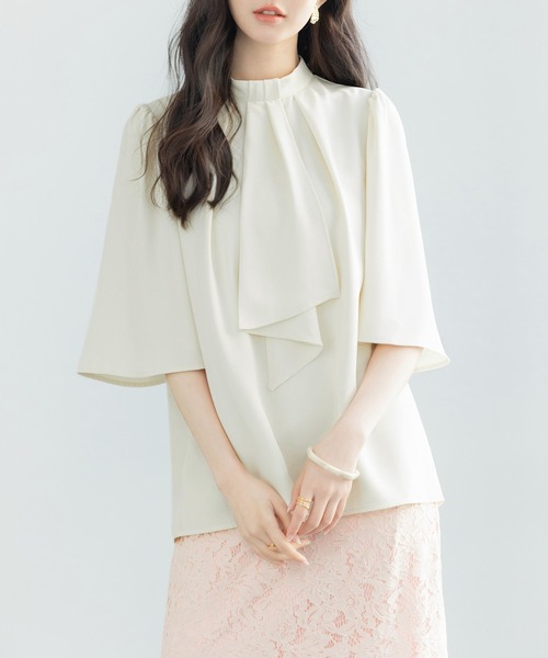 SAISON DE PAPILLON（セゾンドパピヨン）の「【大人気】5分丈スリーブスタンドカラーブラウス　卒業式 入学式（シャツ/ブラウス・レディース・ピンクベージュ/ライトグリーン/アイボリー/ブラック・S/M/L）」の12枚目の写真