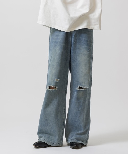 Theater code（シアターコード）の「damage design bleach denim pants / ダメージデザイン ブリーチ デニムパンツ ワイドストレート（デニムパンツ・メンズ・ブルー・3/2）」の13枚目の写真