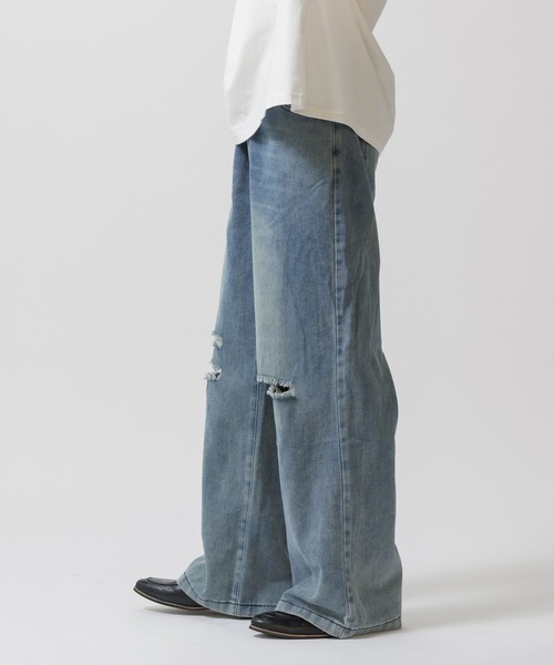Theater code（シアターコード）の「damage design bleach denim pants / ダメージデザイン ブリーチ デニムパンツ ワイドストレート（デニムパンツ・メンズ・ブルー・3/2）」の14枚目の写真