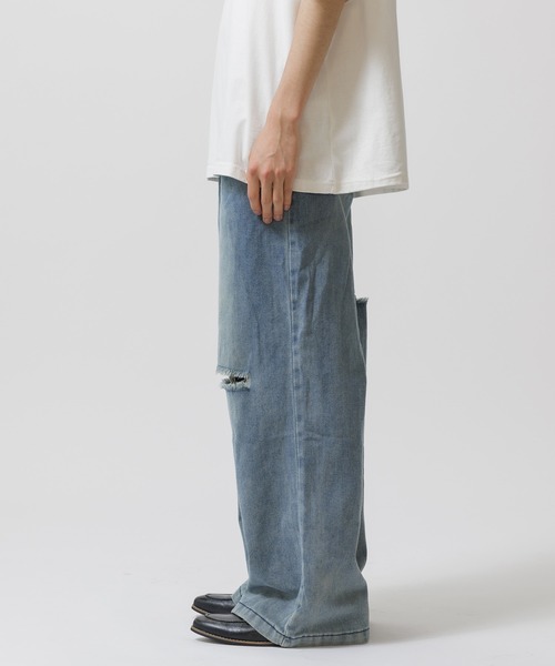 Theater code（シアターコード）の「damage design bleach denim pants / ダメージデザイン ブリーチ デニムパンツ ワイドストレート（デニムパンツ・メンズ・ブルー・3/2）」の11枚目の写真