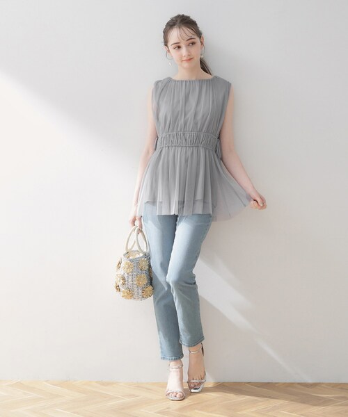 couture brooch（クチュールブローチ）の「◆【着映える透け感】チュールサイドリボンチュニック（チュニック・レディース・ライトグレー/ブラック/ブラウン系・38/42）」の4枚目の写真