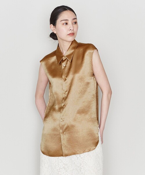 ASTRAET(アストラット)の「<ASTRAET>サテン レギュラーカラー ノースリーブブラウス②(シャツ/ブラウス・レディース・ダークブラウン/ブラウン/ネイビー・FREE)」の1枚目の写真