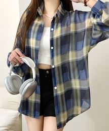 シアーチェックシャツ」に該当するブルー・ネイビー/青色系の