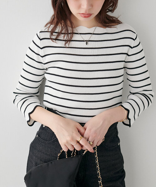 natural couture（ナチュラルクチュール）の「【WEB限定】袖口配色スカラップ強撚ニット(7分袖)（ニット/セーター・レディース・グレイッシュベージュ/オフホワイト/ミント/ネイビー/その他1/レッド・FREE）」の6枚目の写真