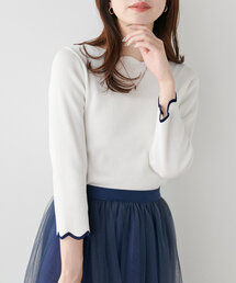 natural couture | 【WEB限定】袖口配色スカラップ強撚ニット(7分袖)(ニット/セーター)