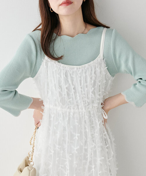 natural couture（ナチュラルクチュール）の「【WEB限定】袖口配色スカラップ強撚ニット(7分袖)（ニット/セーター・レディース・グレイッシュベージュ/オフホワイト/ミント/ネイビー/その他1/レッド・FREE）」の4枚目の写真