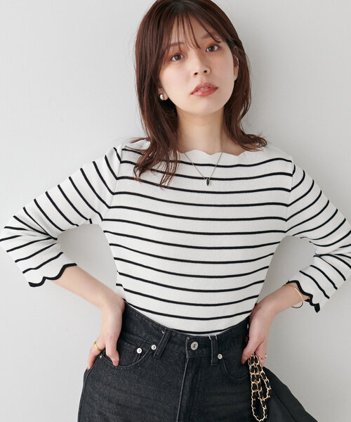 natural couture（ナチュラルクチュール）の「【WEB限定】袖口配色スカラップ強撚ニット(7分袖)（ニット/セーター・レディース・グレイッシュベージュ/オフホワイト/ミント/ネイビー/その他1/レッド・FREE）」の12枚目の写真