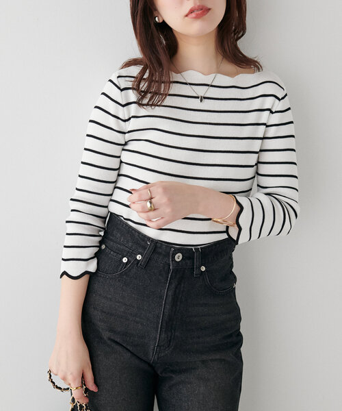 natural couture（ナチュラルクチュール）の「【WEB限定】袖口配色スカラップ強撚ニット(7分袖)（ニット/セーター・レディース・グレイッシュベージュ/オフホワイト/ミント/ネイビー/その他1/レッド・FREE）」の13枚目の写真