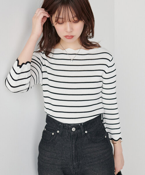 natural couture（ナチュラルクチュール）の「【WEB限定】袖口配色スカラップ強撚ニット(7分袖)（ニット/セーター・レディース・グレイッシュベージュ/オフホワイト/ミント/ネイビー/その他1/レッド・FREE）」の14枚目の写真
