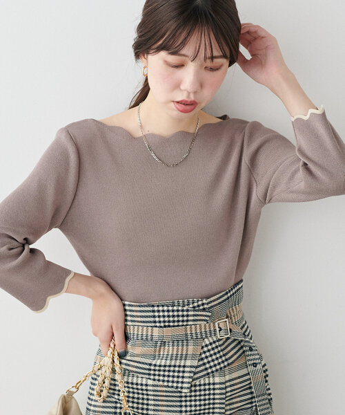 natural couture（ナチュラルクチュール）の「【WEB限定】袖口配色スカラップ強撚ニット(7分袖)（ニット/セーター・レディース・グレイッシュベージュ/オフホワイト/ミント/ネイビー/その他1/レッド・FREE）」の3枚目の写真