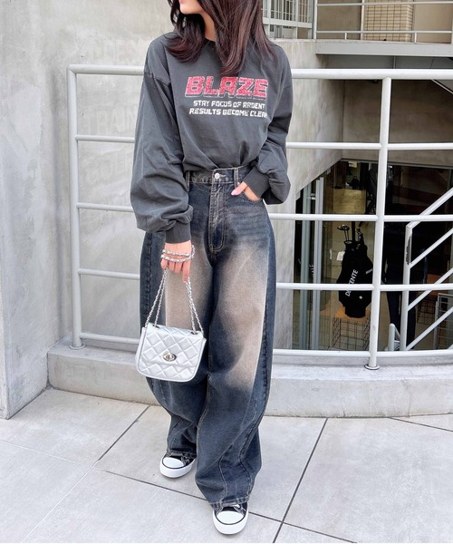 INGNI（イング）の「ピグメントプリントロゴロングTシャツ（Tシャツ/カットソー・レディース・ブラウン系6/ブラック×ブルー/ブラック×レッド・M）」の10枚目の写真