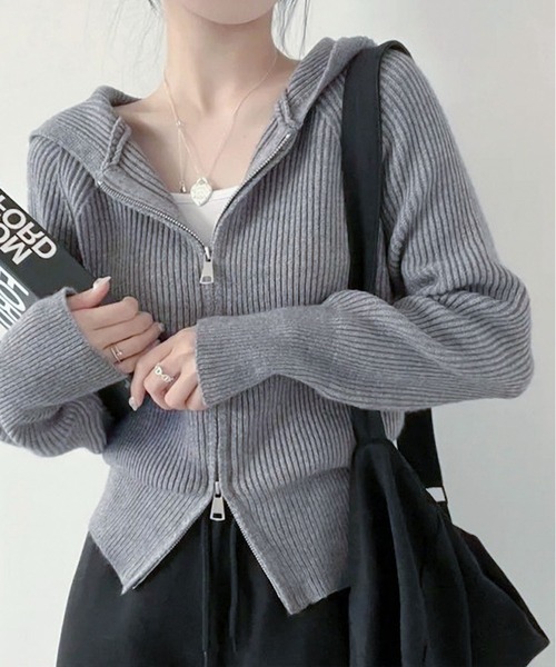 セール】クロップド丈 ジップアップニットパーカー レディース
