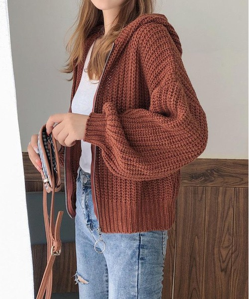 INASTUDIOS(イーナストゥディオス)の「ニットジップパーカー レディース(パーカー・レディース・ブラウン/ブラック・FREE)」の5枚目の写真
