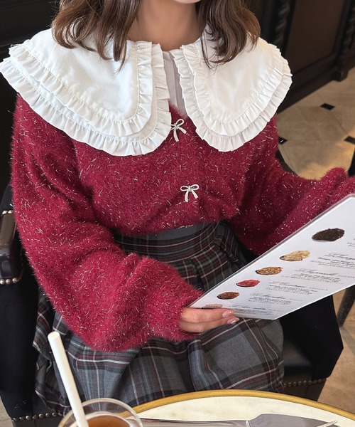 apres jour（アプレジュール）の「【7色展開】ラメシャギーリボンカーディガン【ZOZOTOWN限定アイテム】（カーディガン/ボレロ・レディース・パープル/ホワイト/ピンク/レッド/ブルー/グリーン/イエロー・X-LARGE/フリー）」の7枚目の写真