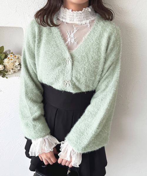 apres jour（アプレジュール）の「【7色展開】ラメシャギーリボンカーディガン【ZOZOTOWN限定アイテム】（カーディガン/ボレロ・レディース・パープル/ホワイト/ピンク/レッド/ブルー/グリーン/イエロー・X-LARGE/フリー）」の15枚目の写真