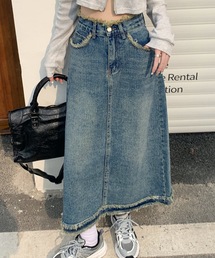 Lace Ladies | ハイウエスト デニム フリンジ Aライン デニム スカート(デニムスカート)