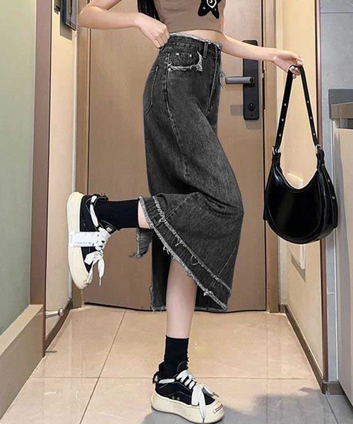 セール】ハイウエスト デニム フリンジ Aライン デニム スカート