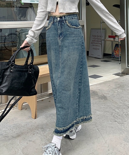 D&G フリンジデニムスカート セール】ハイウエスト デニム フリンジ Aライン デニム スカート