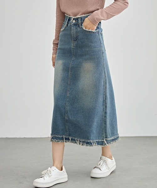 ANDREA&Co. デニムマキシスカート サイドステッチ atelier SOMETHING MERMAID DENIM SKIRT/マーメイドデニム