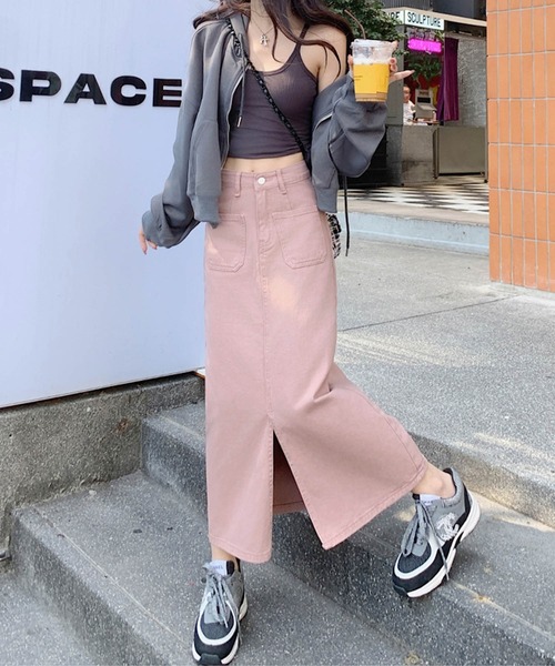 aimoha（アイモハ）の「フロントスリットデニムロングスカート（デニムスカート・レディース・ブルー/ピンク・LARGE/MEDIUM/SMALL/X-SMALL）」の2枚目の写真