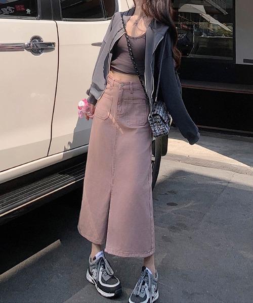 aimoha（アイモハ）の「フロントスリットデニムロングスカート（デニムスカート・レディース・ブルー/ピンク・LARGE/MEDIUM/SMALL/X-SMALL）」の17枚目の写真