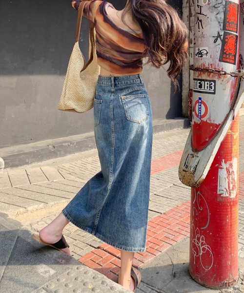 aimoha（アイモハ）の「フロントスリットデニムロングスカート（デニムスカート・レディース・ブルー/ピンク・LARGE/MEDIUM/SMALL/X-SMALL）」の7枚目の写真