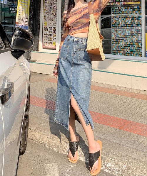 aimoha（アイモハ）の「フロントスリットデニムロングスカート（デニムスカート・レディース・ブルー/ピンク・LARGE/MEDIUM/SMALL/X-SMALL）」の8枚目の写真