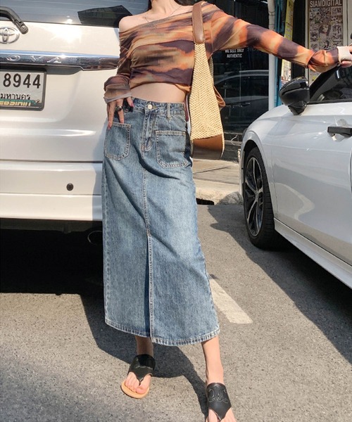 aimoha（アイモハ）の「フロントスリットデニムロングスカート（デニムスカート・レディース・ブルー/ピンク・LARGE/MEDIUM/SMALL/X-SMALL）」の10枚目の写真