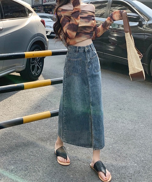 aimoha（アイモハ）の「フロントスリットデニムロングスカート（デニムスカート・レディース・ブルー/ピンク・LARGE/MEDIUM/SMALL/X-SMALL）」の3枚目の写真